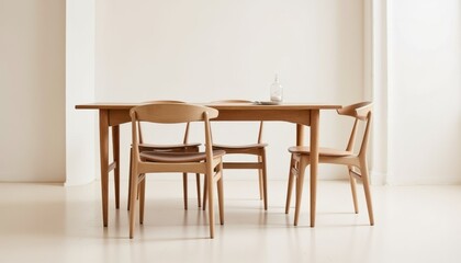 The dining room features a sleek, rectangular table made of natural wood with clean lines and no visible embellishments