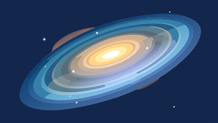 A blue and white spiral galaxy with two shooting stars in the background. The galaxy is surrounded by a dark blue background