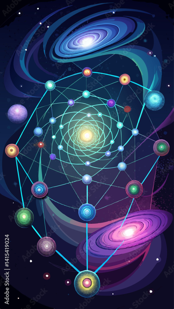 Poster a colorful space scene with planets and a spiral galaxy. the planets are all different sizes and col
