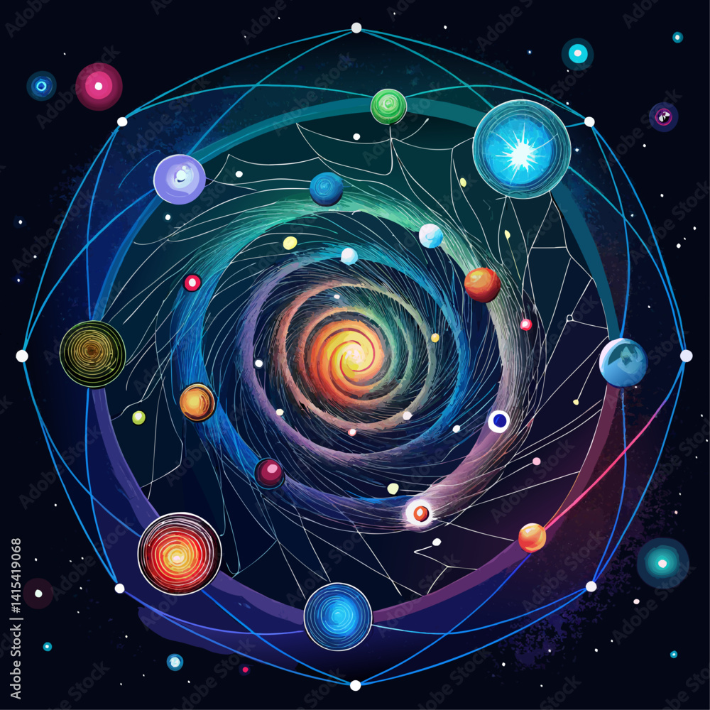 Poster a colorful space scene with planets and a spiral galaxy. the planets are all different sizes and col