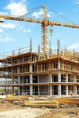 Construction site of a multi-story building under construction with crane