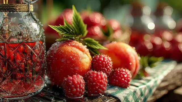 Wet fresh peaches and raspberries with a glass jar of juice on a picnic table, vibrant and sunlit summer mood