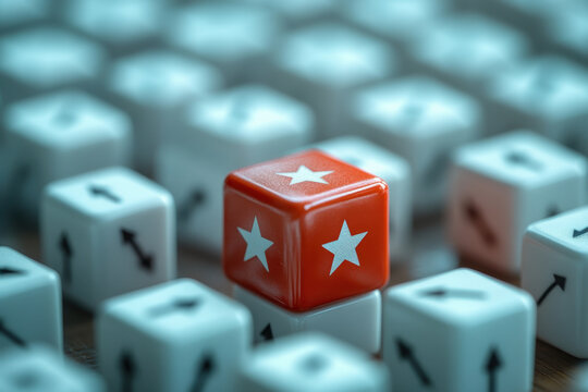 Red dice with white stars, symbolizing luck and chance, on a wooden tabletop with dramatic lighting casting sharp shadows.