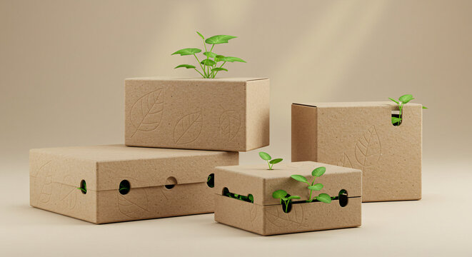 Cardboard box with plant and recycle symbol in a cozy living room