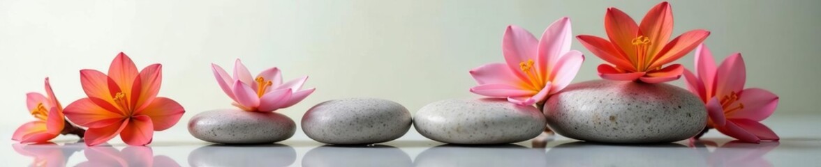 Zen-like composition of smooth spa stones and vibrant flowers on a light backdrop, meditation, zen