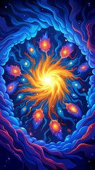 A blue and orange spiral galaxy with a bright yellow star in the center. The colors are vibrant and the spiral shape gives the impression of movement and energy