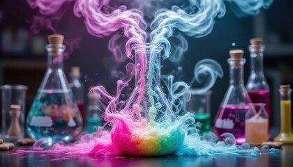 The Erlenmeyer flask is filled with a colorful liquid solution that starts bubbling and producing smoke when a chemical reaction i