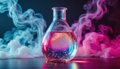 The Erlenmeyer flask is filled with a colorful liquid solution that starts bubbling and producing smoke when a chemical reaction i