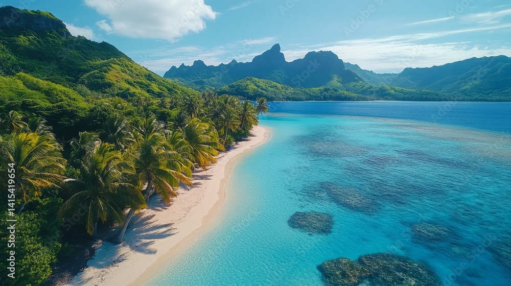 Poster swaying palms gently frame a pristine beach, where soft sands meet vibrant turquoise waters. lush mo
