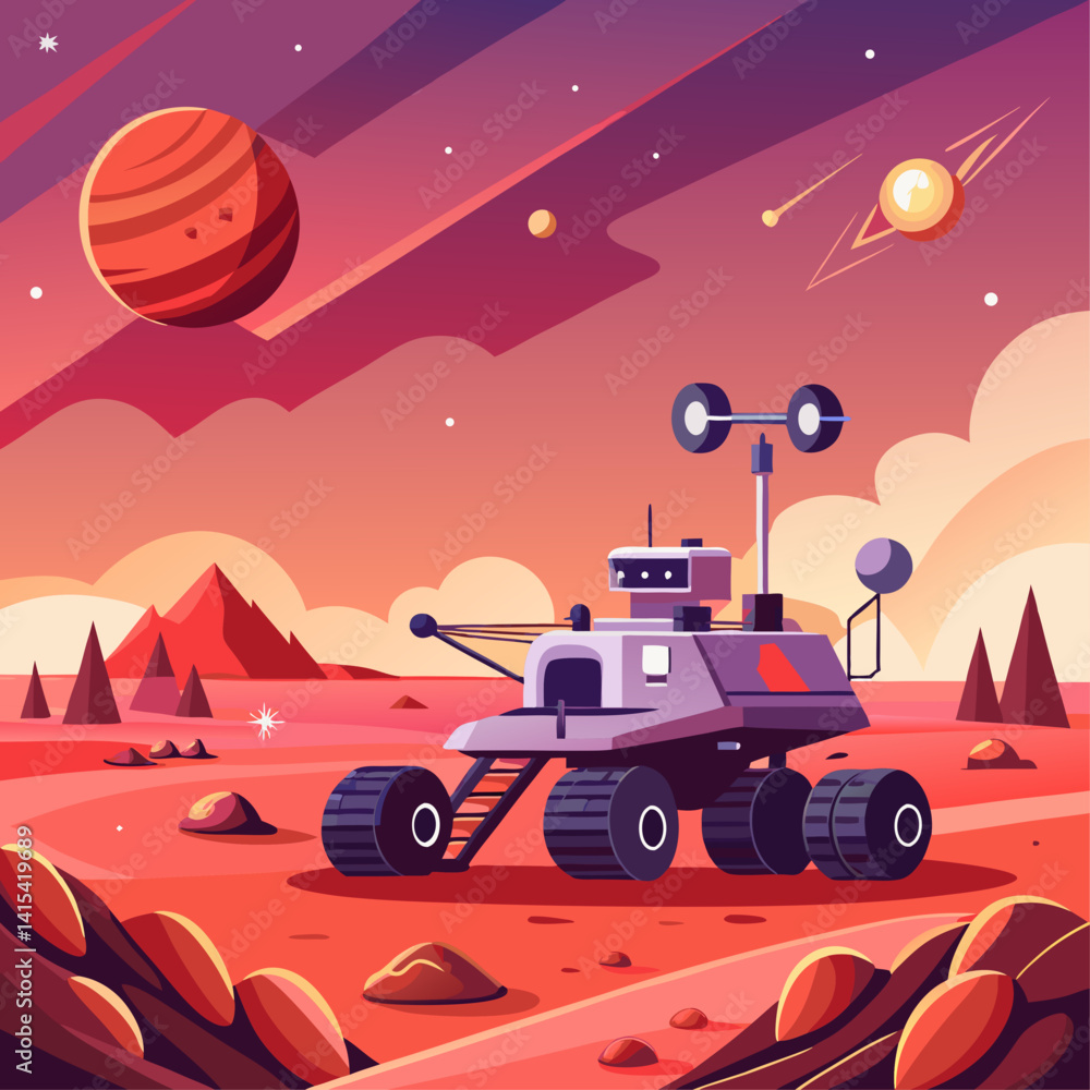 Poster a space rover is driving through a desert planet with a red sky. the rover is equipped with a camera