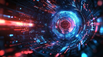 Futuristic digital tunnel of glowing circuits.