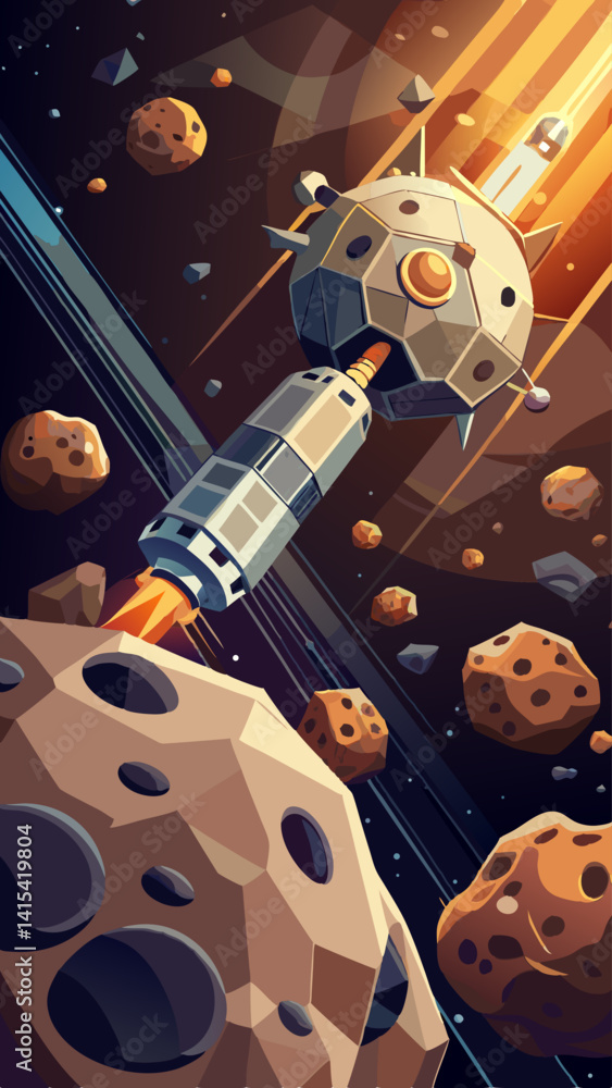Poster a space scene with a rocket and a planet. the rocket is shooting a laser at the planet