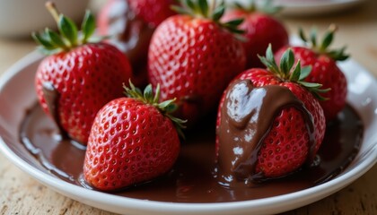 A decadent dessert featuring ripe strawberries coated in rich, velvety chocolate sauce