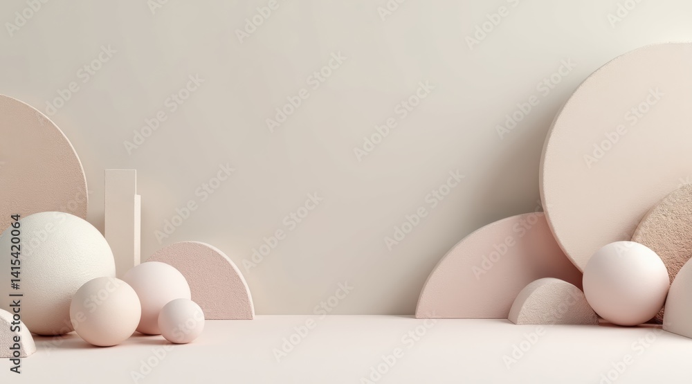 Poster a serene composition of soft, rounded shapes in neutral tones, creating a minimalist and modern aest