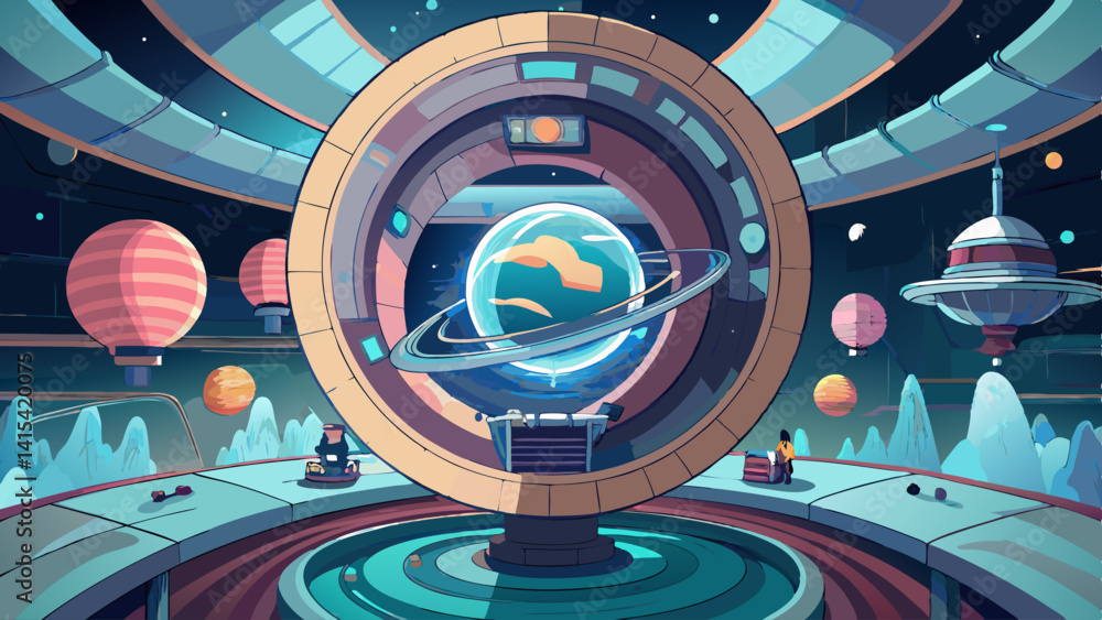Poster a colorful space with a large round object in the center. there are many colorful balloons and a per