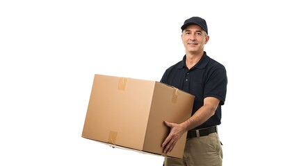 Smiling delivery person holds a large cardboard box.