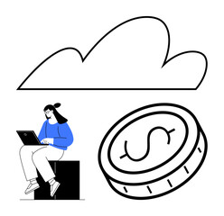 Woman sits with laptop near a cloud and a large coin symbolizing finance, technology, online data, remote work, savings, connectivity, and cloud storage. Ideal for tech landing page, simple landing