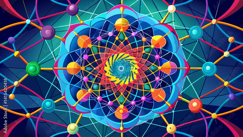 Poster a colorful, abstract design with many different colored spheres. the design is very intricate and ha