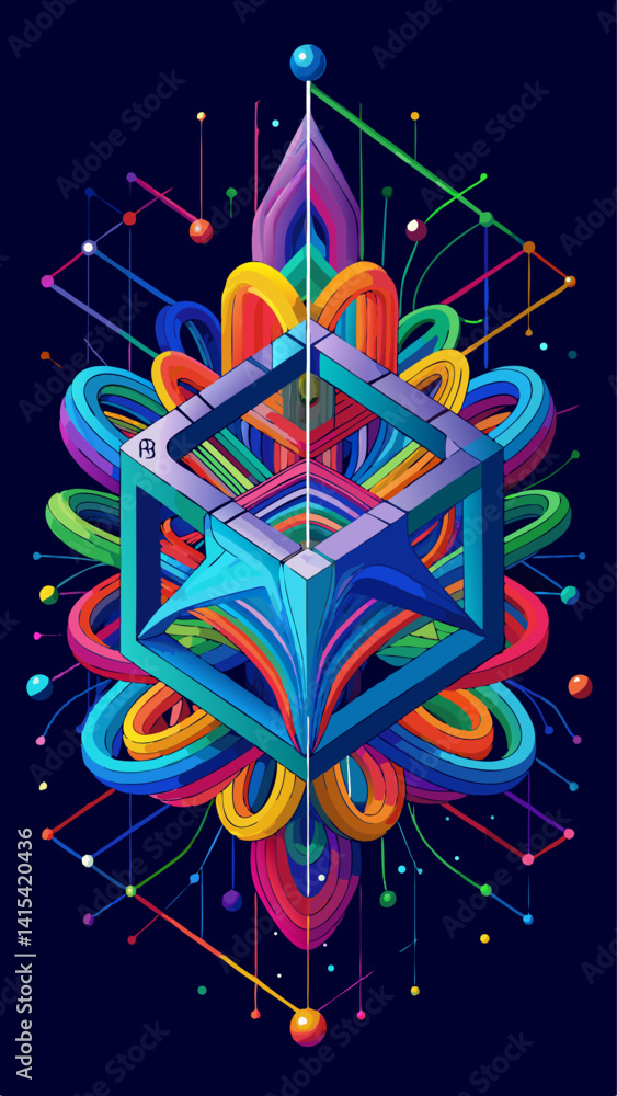 Poster a colorful, abstract design with many different colored spheres. the design is very intricate and ha