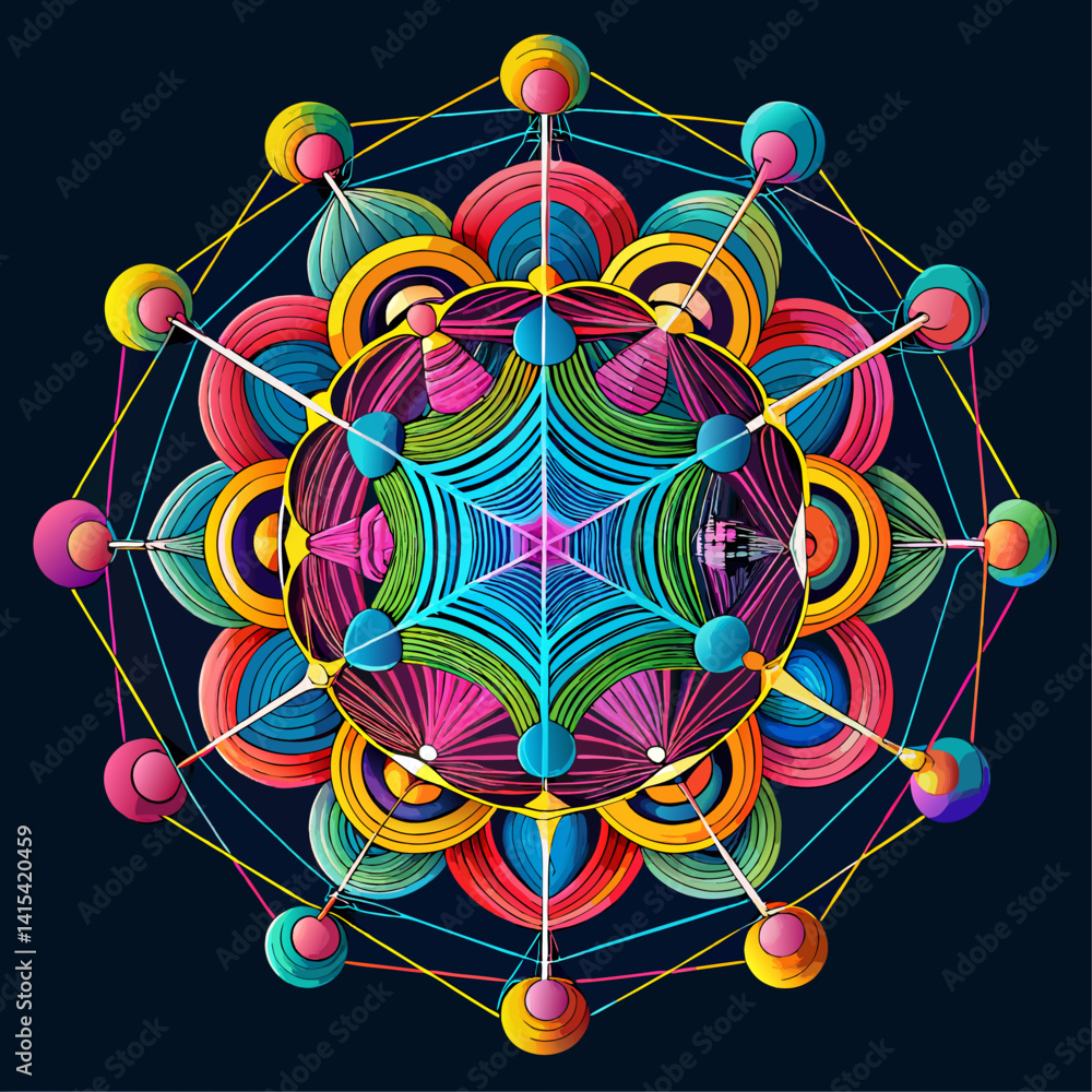Poster a colorful, abstract design with many different colored spheres. the design is very intricate and ha