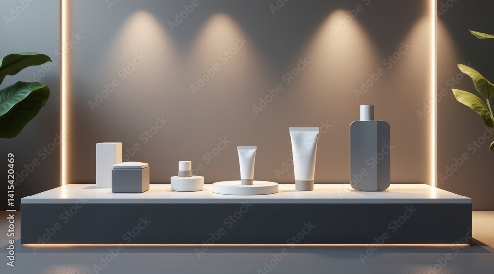 Poster a minimalistic display featuring various skincare products on a sleek surface, illuminated by soft a