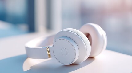 pair of wireless headphones lies on sleek white desk signifying podcast creation and video editing