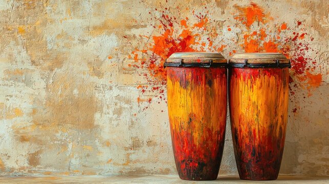 Colorful conga drums against an artistic, textured wall, a vibrant and musical display.