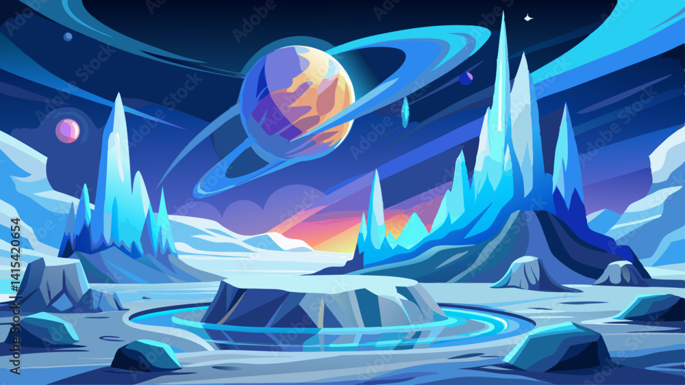Poster a blue and white space with a large blue planet in the center. the planet is surrounded by a ring of