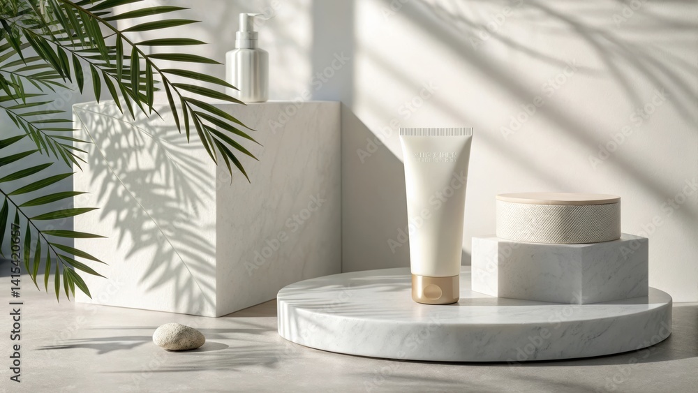 Poster a minimalistic display of skincare products on marble surfaces, complemented by soft shadows and lea