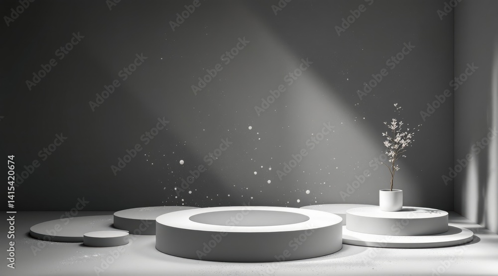 Aufkleber a minimalist setup features circular platforms and a single plant in a modern, softly lit environmen