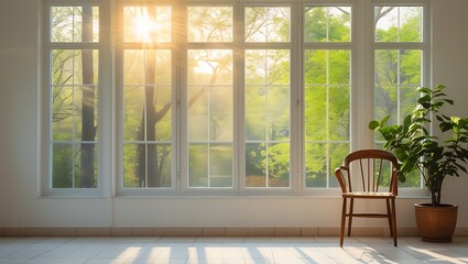 Fototapeta premium A single chair in front of a large window, illuminated by bright sunlight filtering through the glass