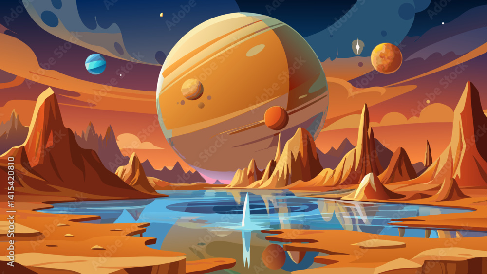 Poster a space scene with a large planet in the center and several smaller planets surrounding it. the sky 