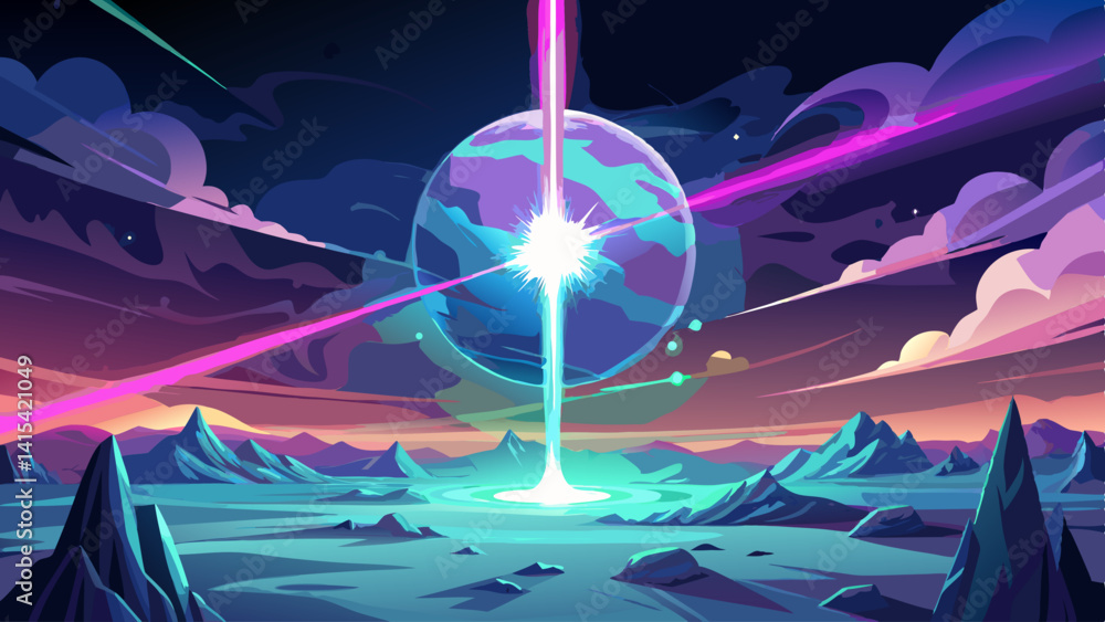 Poster a colorful space scene with a glowing orb in the center. the sky is filled with clouds and the mount