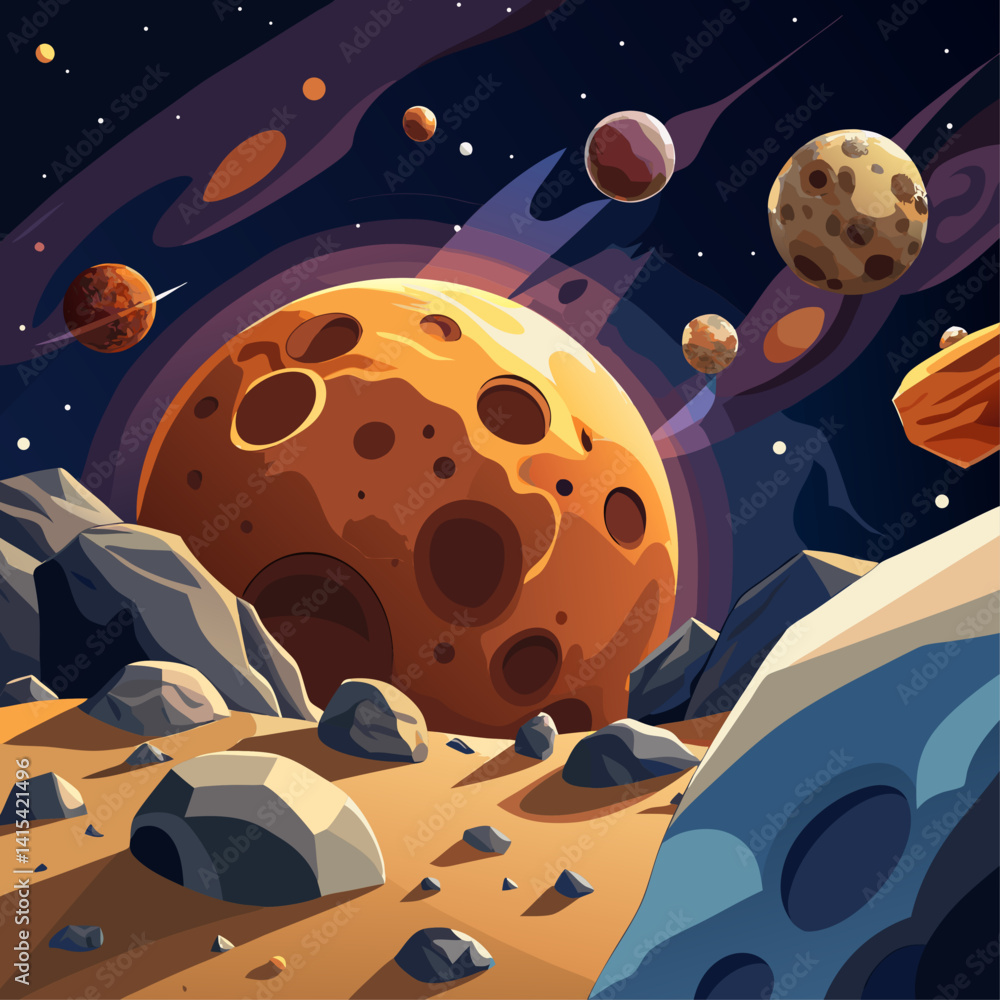 Poster a space scene with a large orange planet in the center and several other planets surrounding it. sce