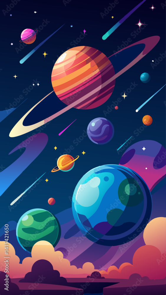 Poster a colorful drawing of the planets in the solar system. the planets are all different sizes and color