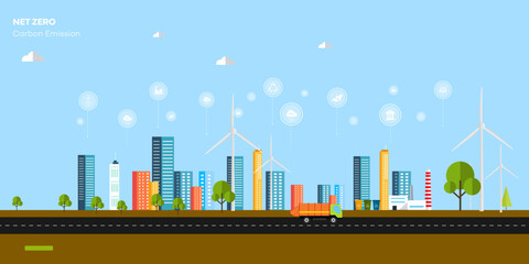 abstract city background with net zero carbon emission icon concept