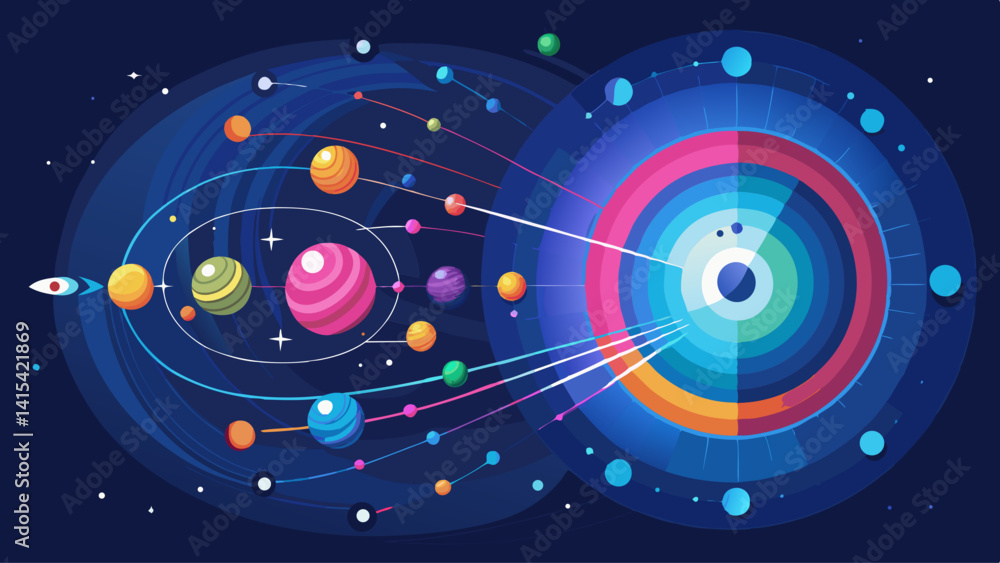 Poster a colorful space scene with a rocket flying through the sky and planets in the background. the plane