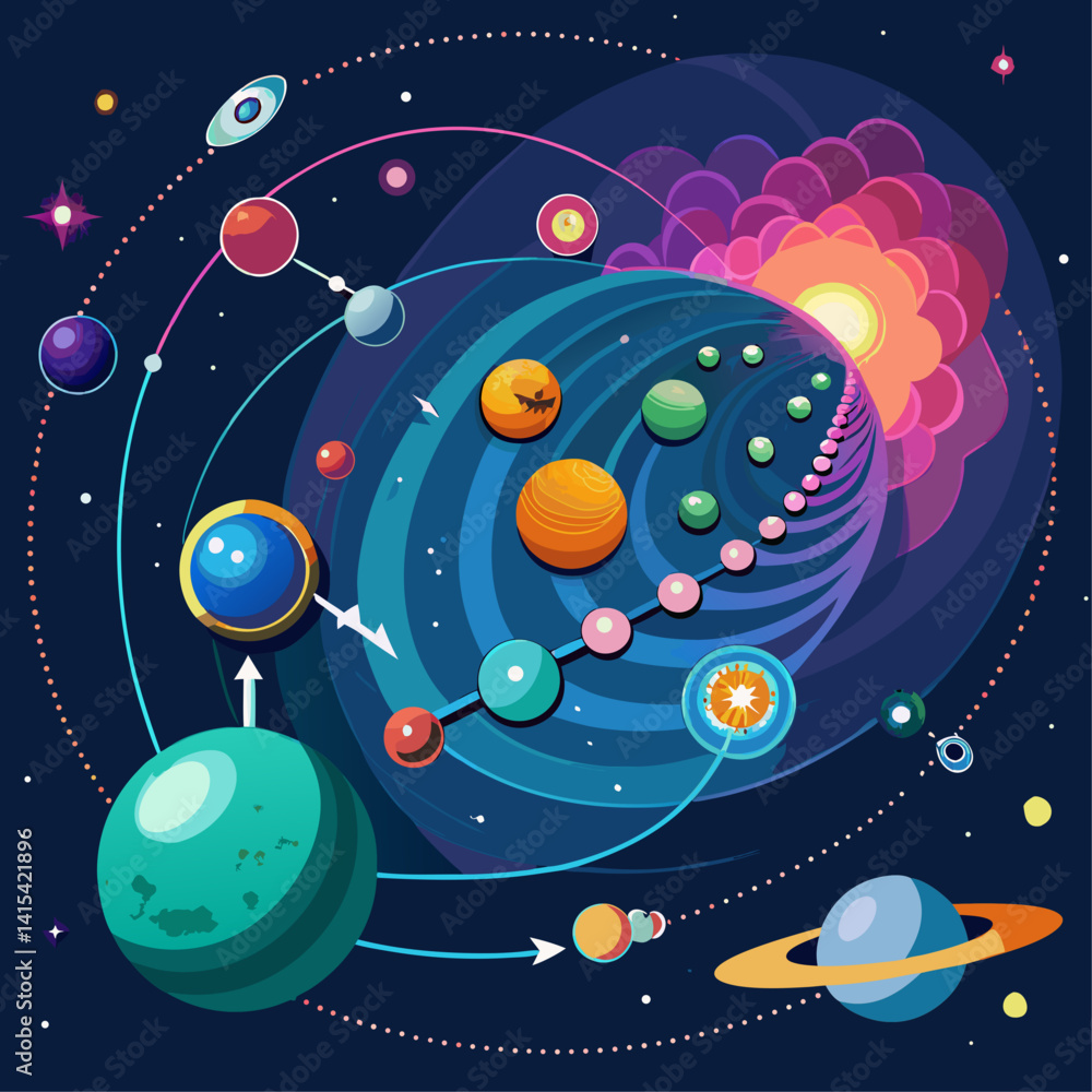 Poster a colorful space scene with a rocket flying through the sky and planets in the background. the plane