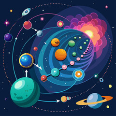 A colorful space scene with a rocket flying through the sky and planets in the background. The planets are of different sizes and colors, and the rocket is the main focus of the image