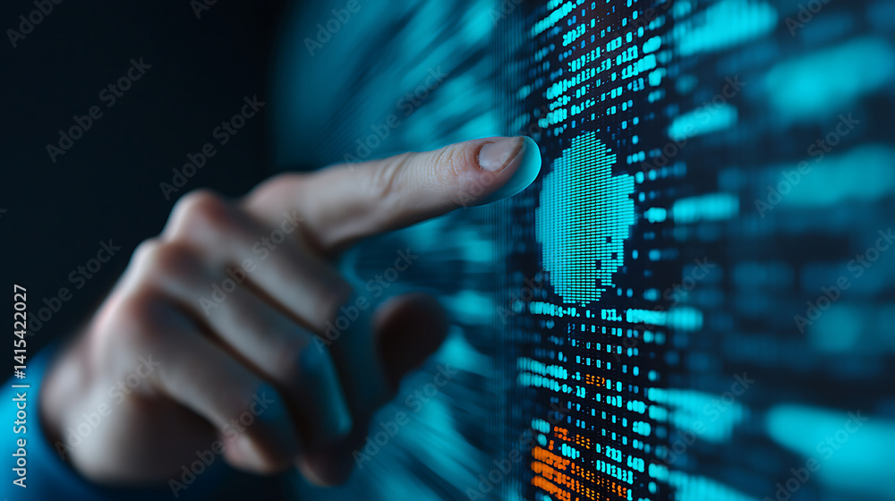 Poster close-up view of a hand interacting with a vibrant digital interface, demonstrating technological in