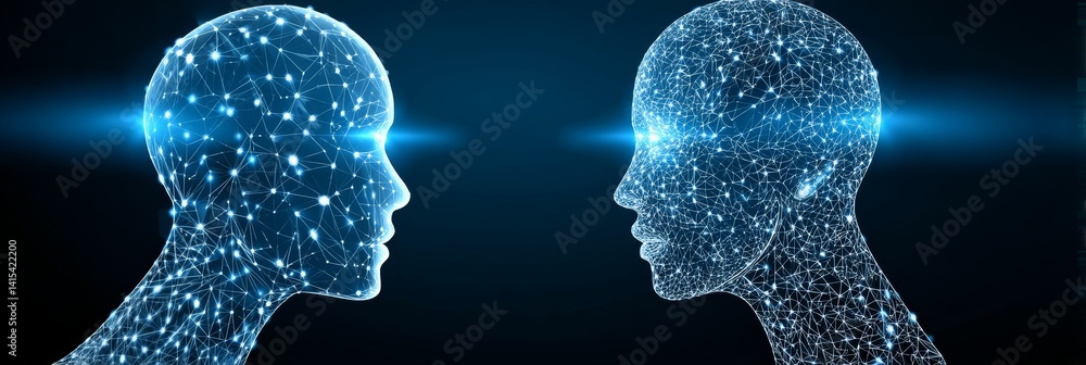 Poster minds connected - two heads, composed of glowing network nodes, face each other, symbolizing connect