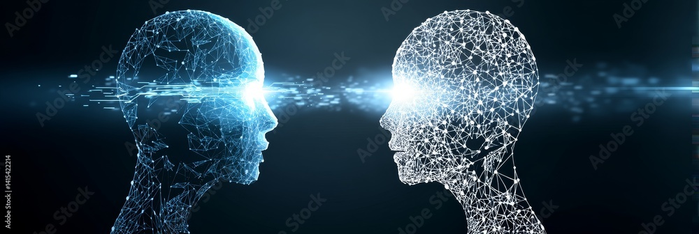 Poster minds connecting - two abstract heads communicate, data streams connecting them. represents ai, conn