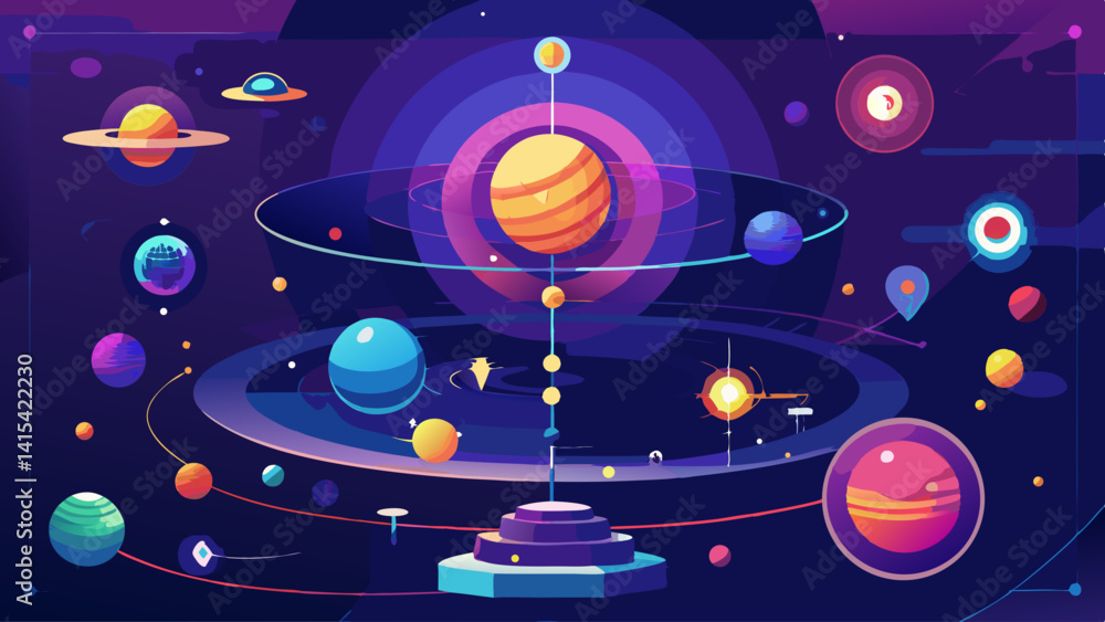 Poster a colorful painting of the solar system with a large planet in the center. the planets are all diffe