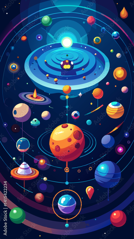 Poster a colorful painting of the solar system with a large planet in the center. the planets are all diffe