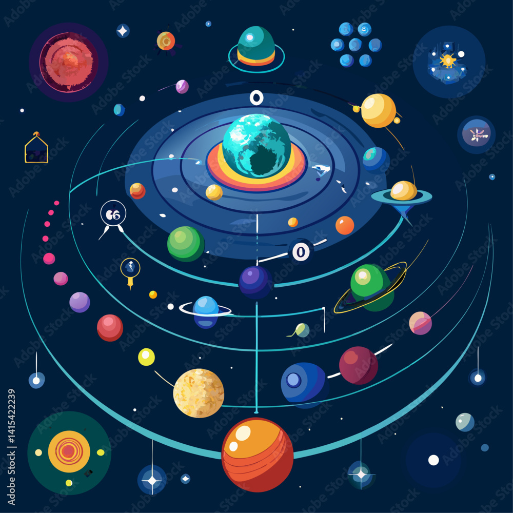 Poster a colorful painting of the solar system with a large planet in the center. the planets are all diffe