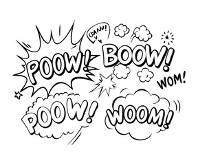 A graphic design featuring various black and white comic book sound effects, such as 