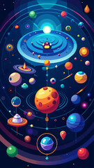 A colorful painting of the solar system with a large planet in the center. The planets are all different sizes and colors, and they are arranged in a circular pattern around the central planet