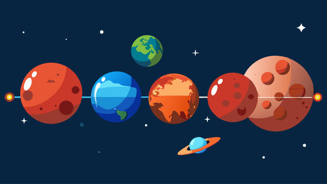 A blue and white space with a line of planets and a star. The planets are in different sizes and colors, with the largest one being red