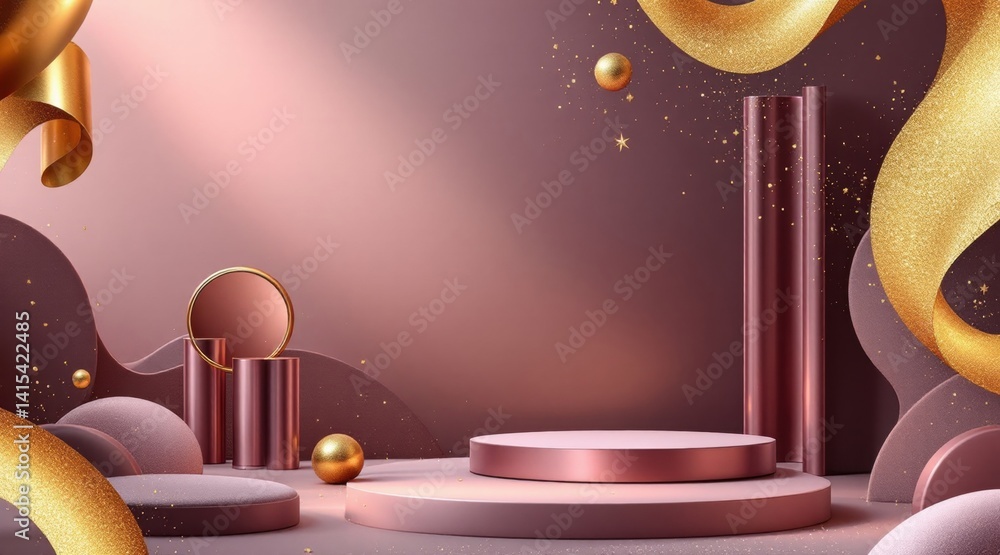 Poster a stylish abstract scene featuring circular and cylindrical shapes with gold ribbons, creating a mod