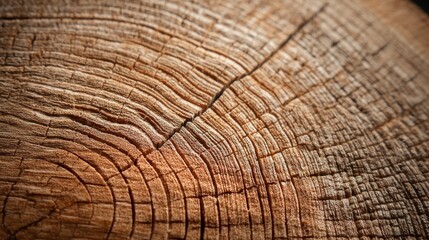 Fototapeta premium Wood Cross Section Texture: Detailed close-up of a tree's cross-section, showcasing intricate growth rings, cracks, and textures in warm, earthy tones.
